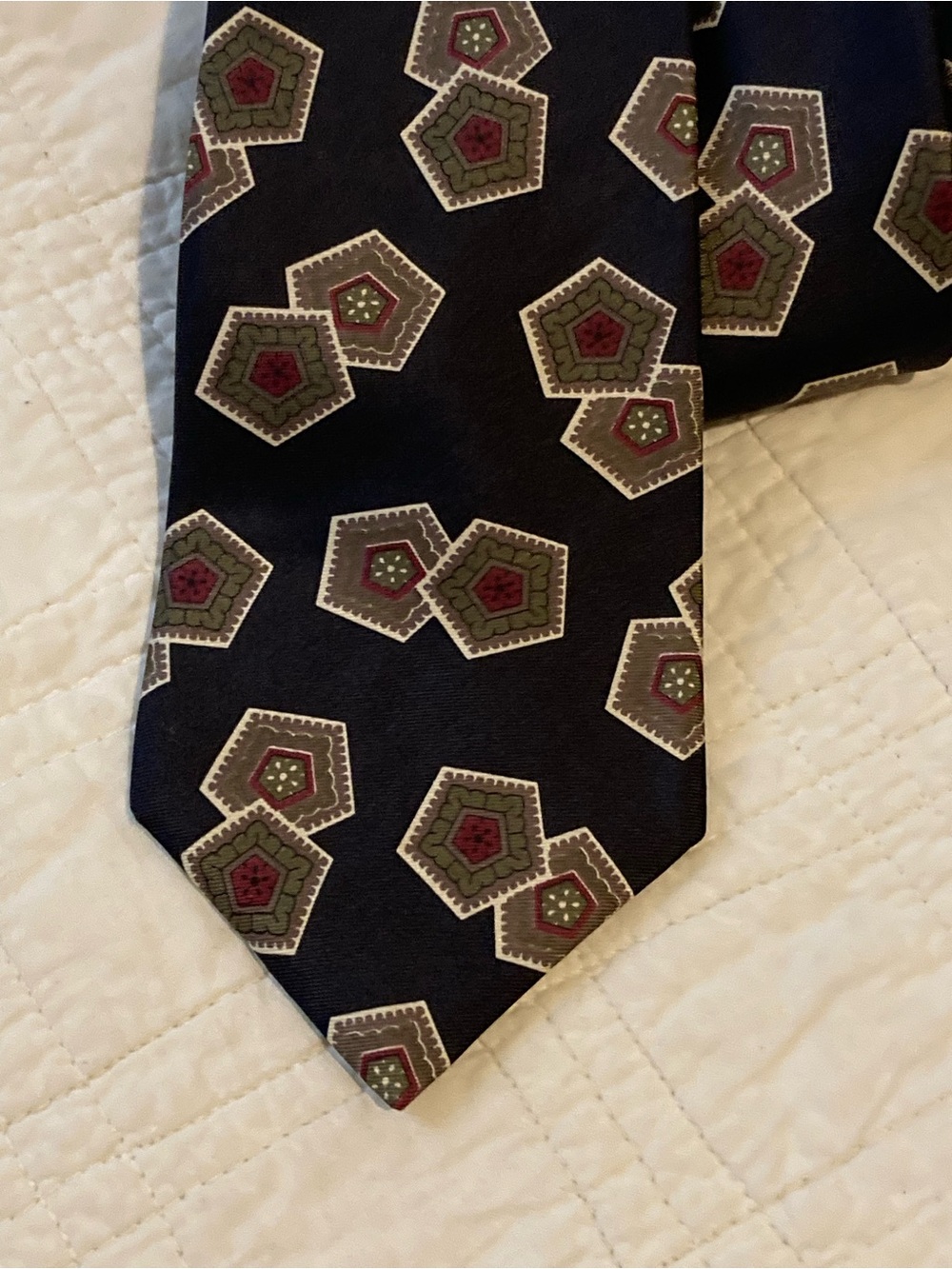 Vintage Dior Navy Silk Tie with Olive and Burgundy Medallions